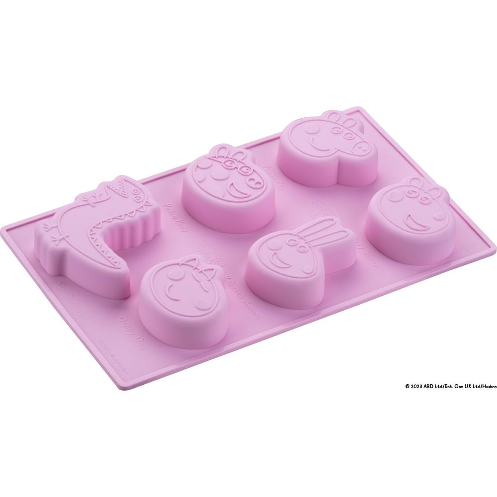 Ein rosa Gummiform für Süßigkeiten mit Peppa Wutz-Figuren und einem Dinosaurier.