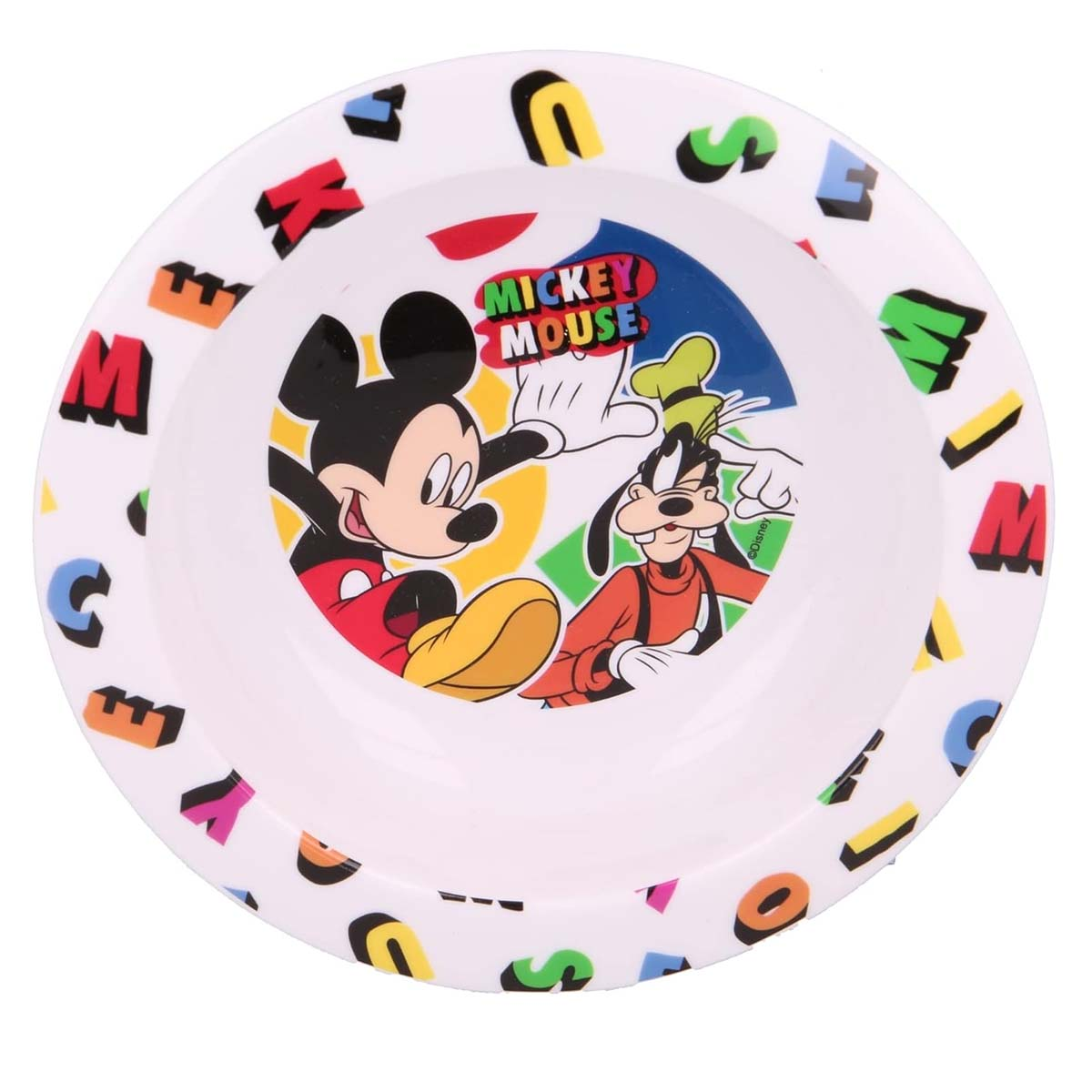 Un piatto bianco con Topolino e Pippo, circondato da lettere colorate.
