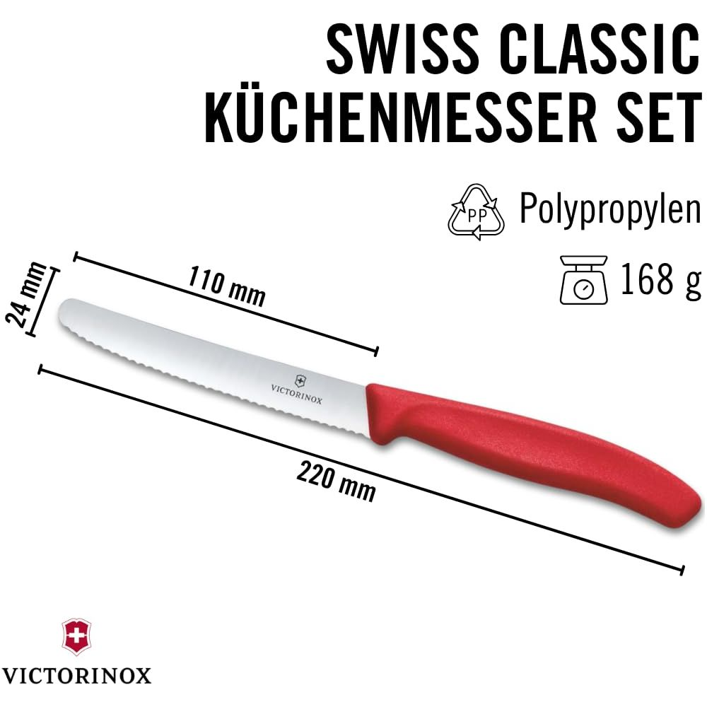 Kırmızı Victorinox mutfak bıçağı, tırtıklı bıçaklı, 220 mm toplam, 110 mm bıçak.