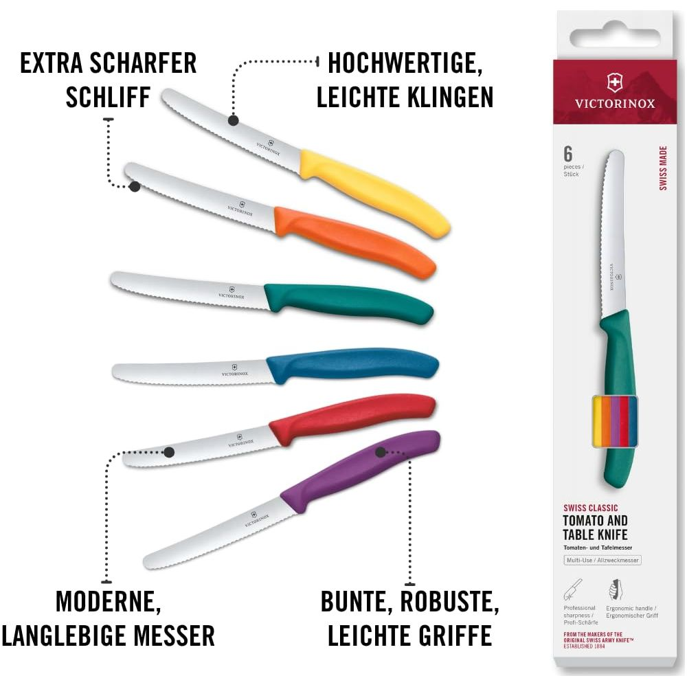 Renkli saplı beş Victorinox bıçağı ve ambalajda bir bıçak.