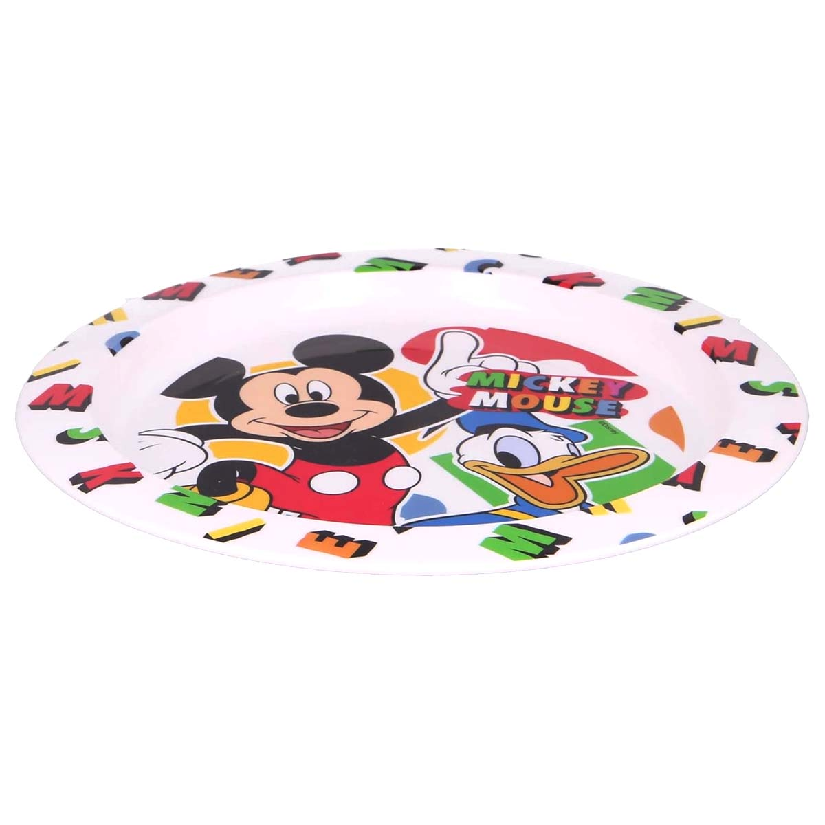 Piatto con Topolino e Paperino, lettere colorate intorno.