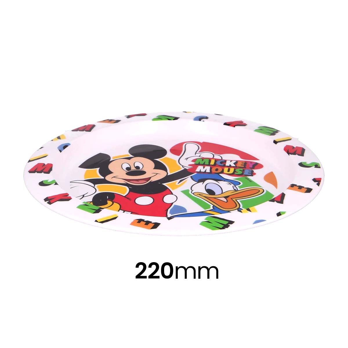 Piatto bianco per bambini con Topolino e Paperino, lettere colorate.