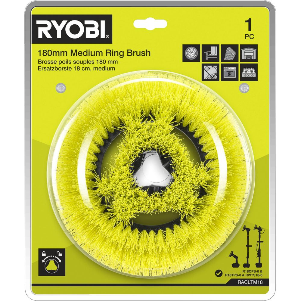 Gelber Ryobi Ringbürsten-Aufsatz mit schwarzem Kern, 180mm.
