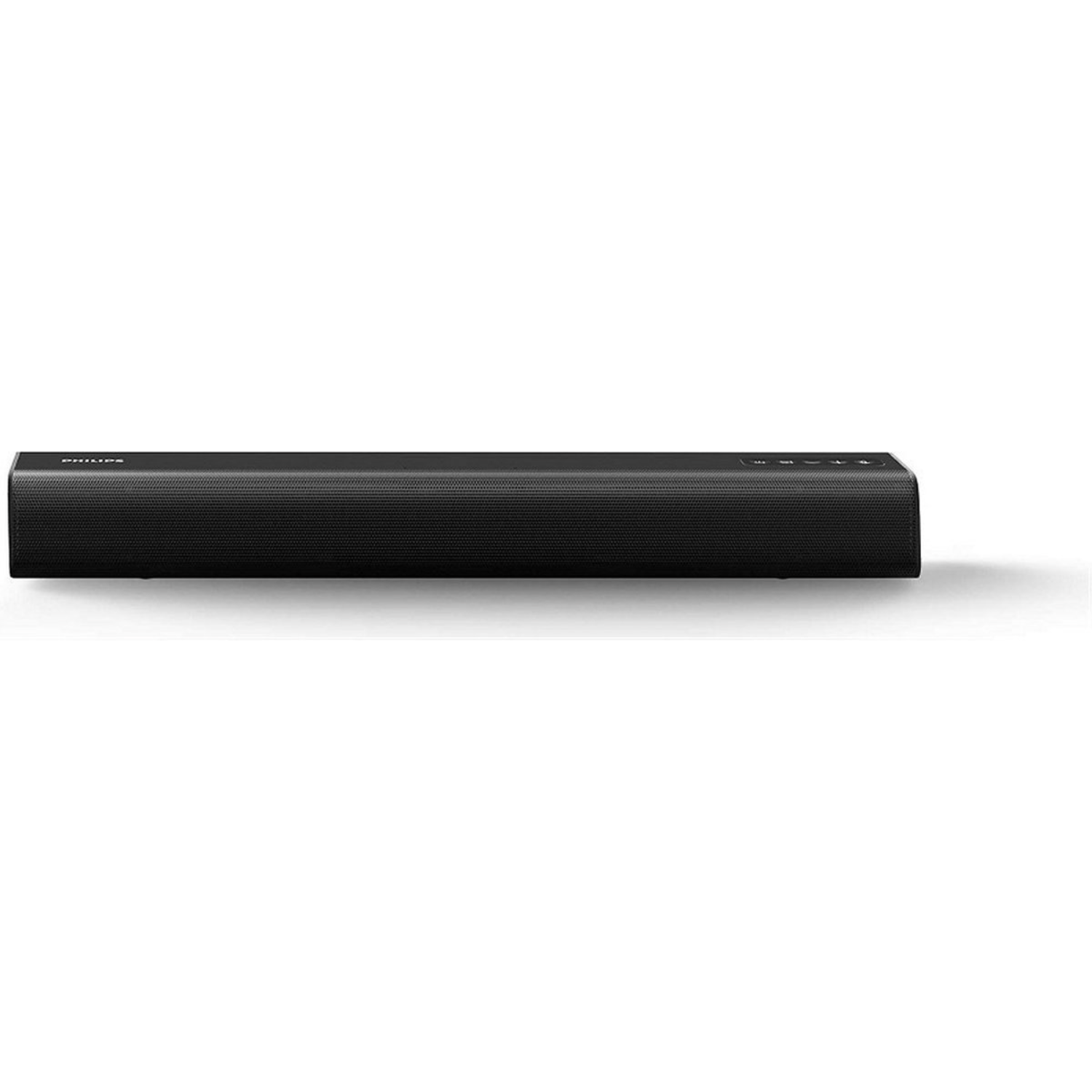 Schwarzer, schmaler PHILIPS Soundbar mit Tasten auf der Oberseite, auf weißem Hintergrund.