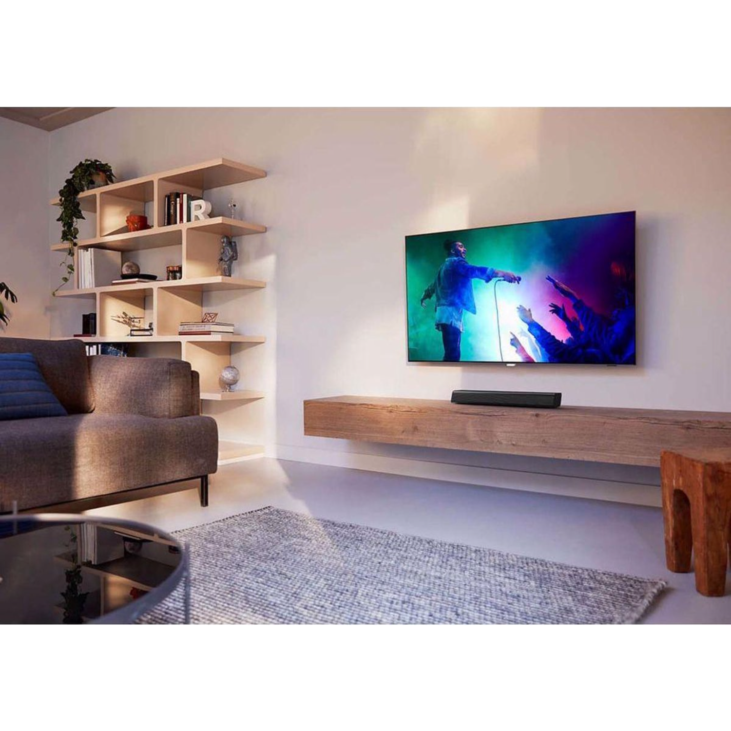 Modernes Wohnzimmer mit Sofa, Regalen, Fernseher mit Konzert und Teppich.