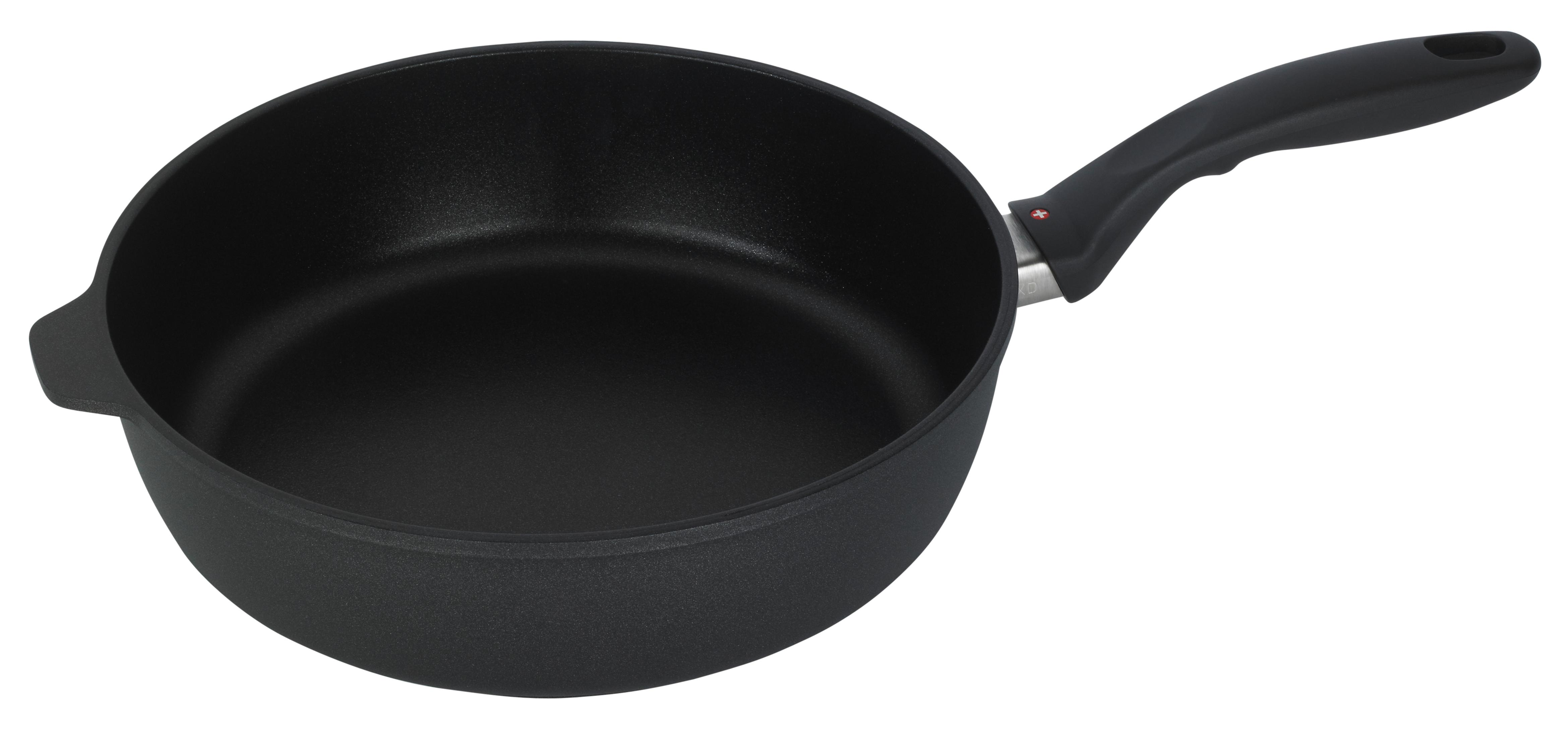 Casserole noire avec un long manche et un accent argenté.