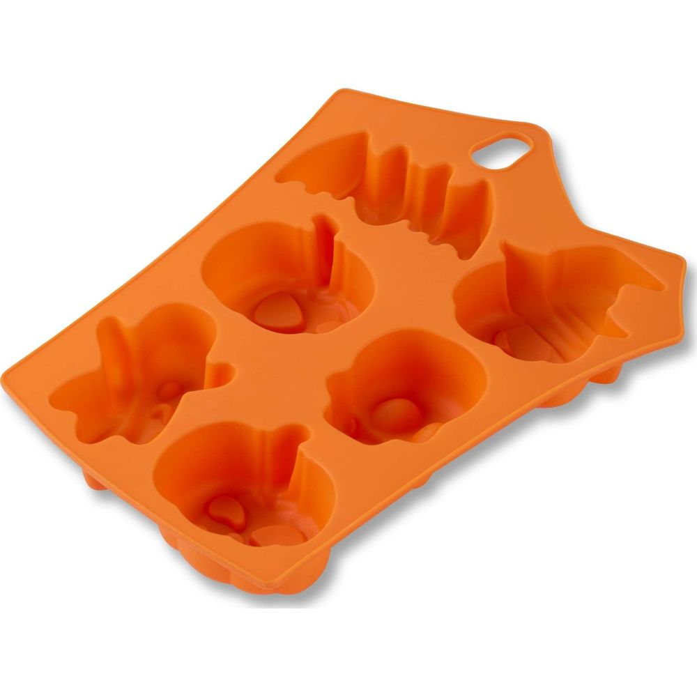 Orange Silikon-Halloweenform mit 5 Kavitäten: Fledermaus, Totenkopf, Kürbis, Geist, Hexenhut.