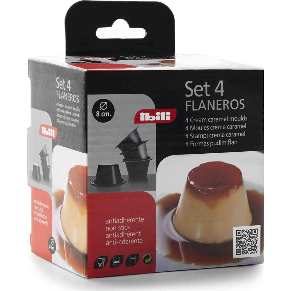 Verpackung für 4 Karamell Puddingformen, 8 cm, mit Bildern von Formen und Pudding.