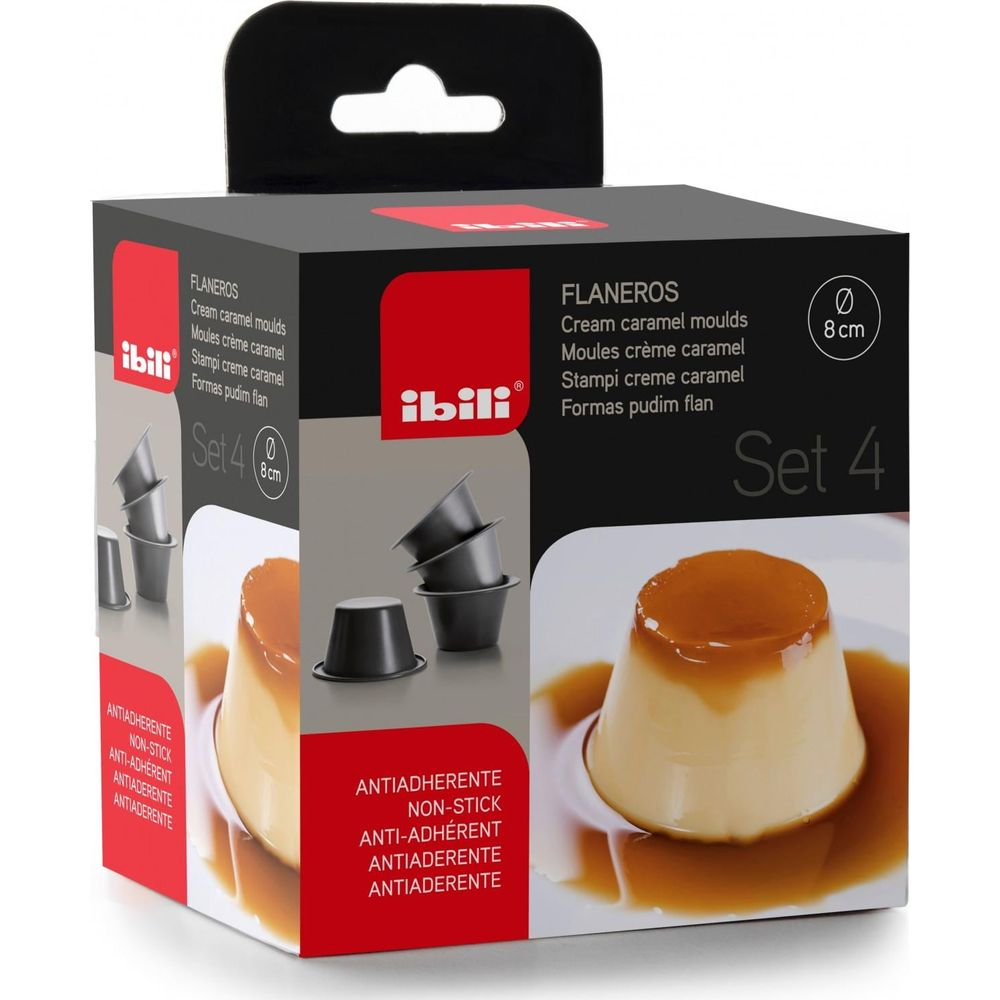 Verpackung für 4 Karamellförmchen, 8cm Durchmesser, mit Bild von fertigem Karamellpudding.