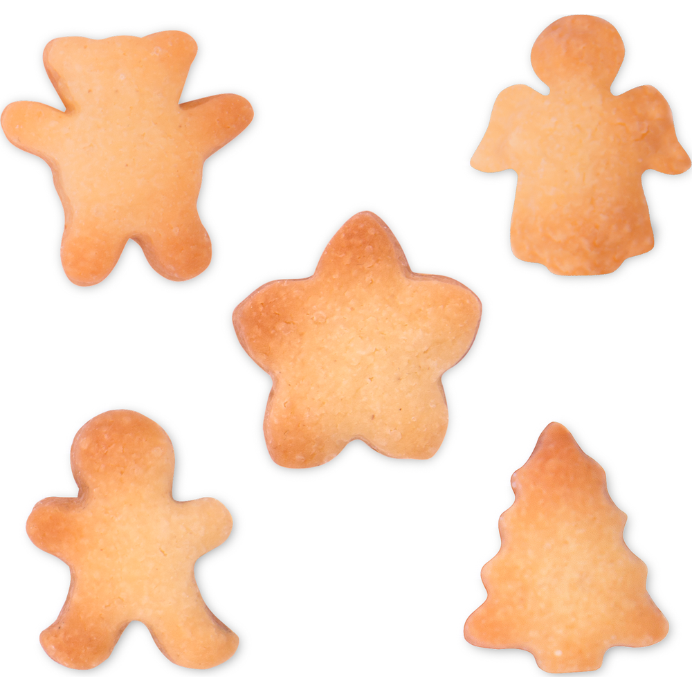 Cinq biscuits en forme d'ours, d'ange, d'étoile, de bonhomme pain d'épice et d'arbre.