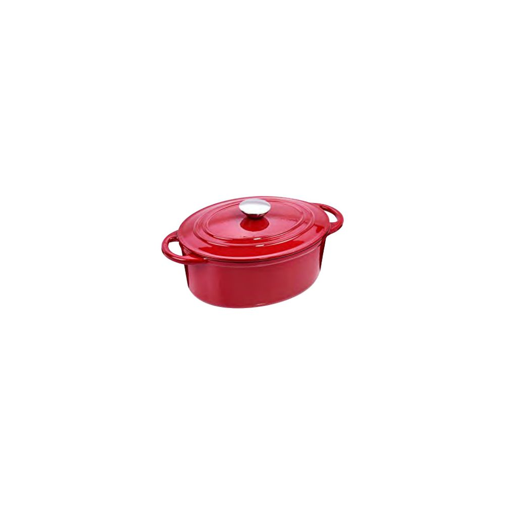 Cocotte ovale rouge avec bouton argenté sur fond blanc.