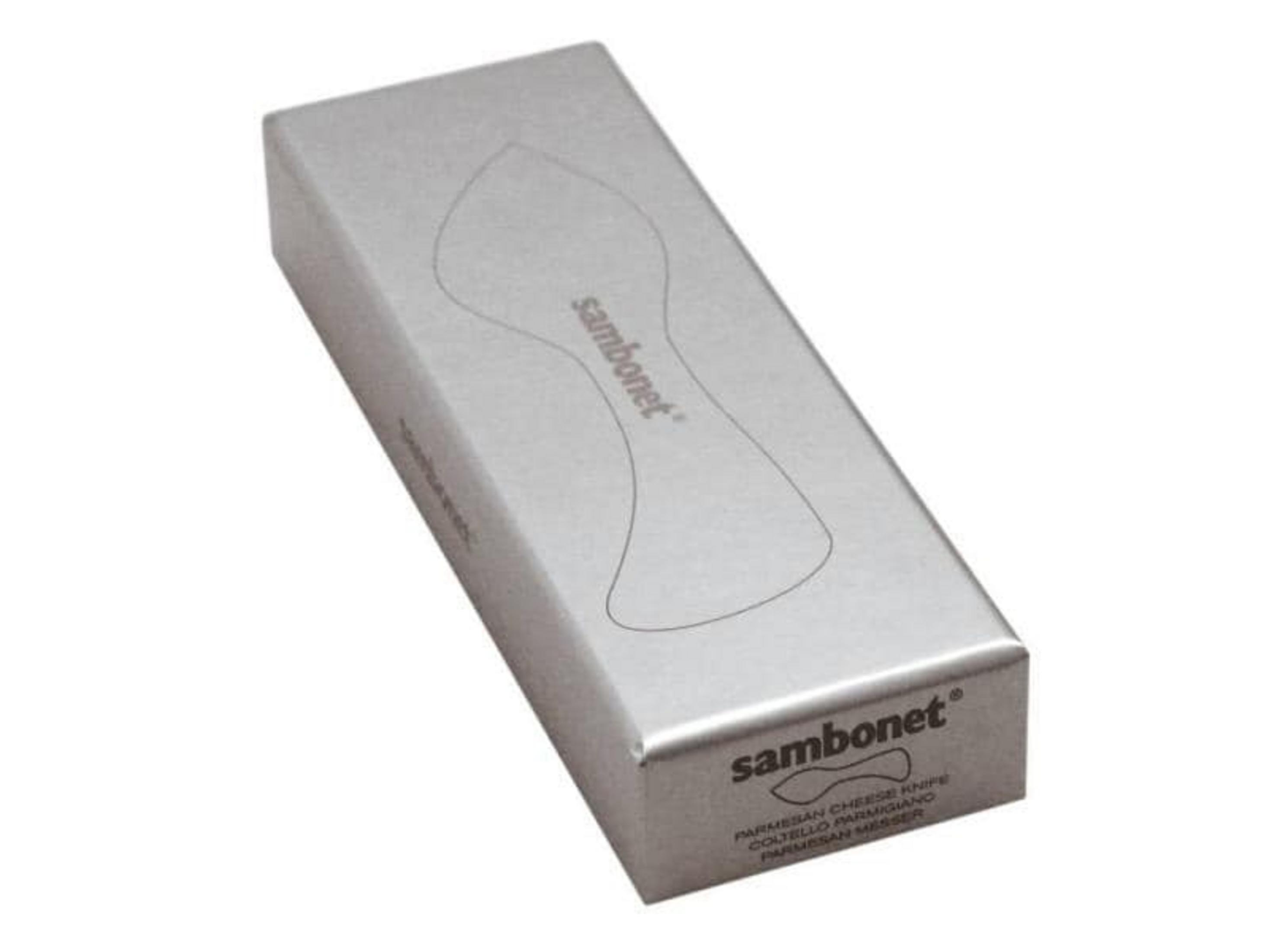 Confezione Sambonet argentata per coltello da parmigiano con contorno coltello inciso.