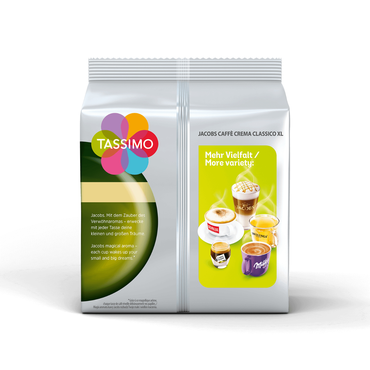 Confezione per Jacobs Caffè Crema Classico XL con logo Tassimo e varianti caffè.