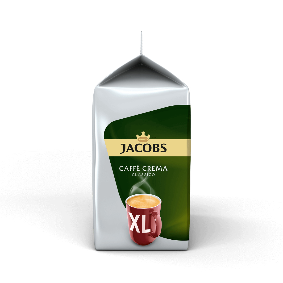 Confezione bianca con etichetta verde, caffè Jacobs, Caffè Crema, tazza caffè XL.