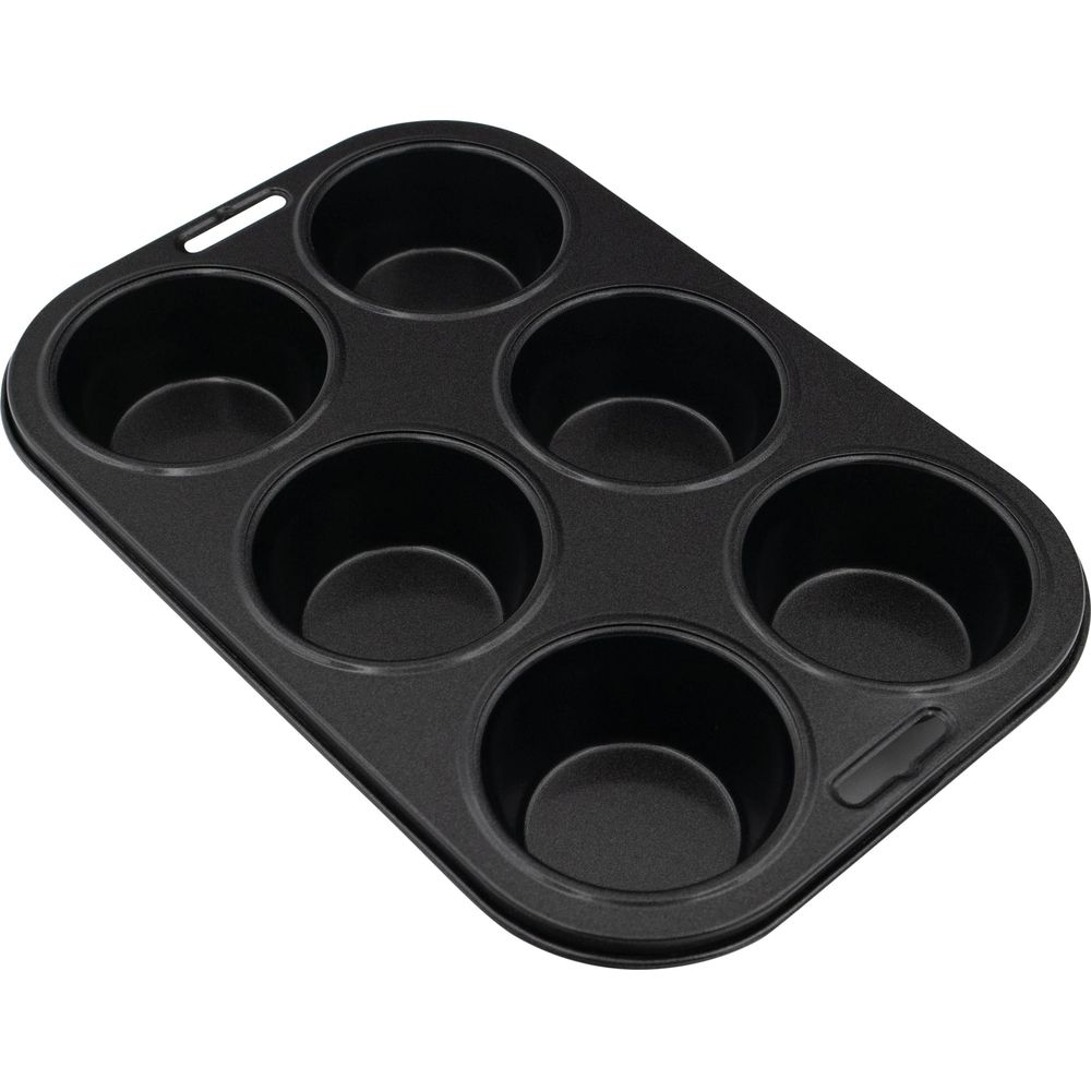 Eine schwarze Muffinform mit sechs runden Vertiefungen und Griffen an beiden Enden.