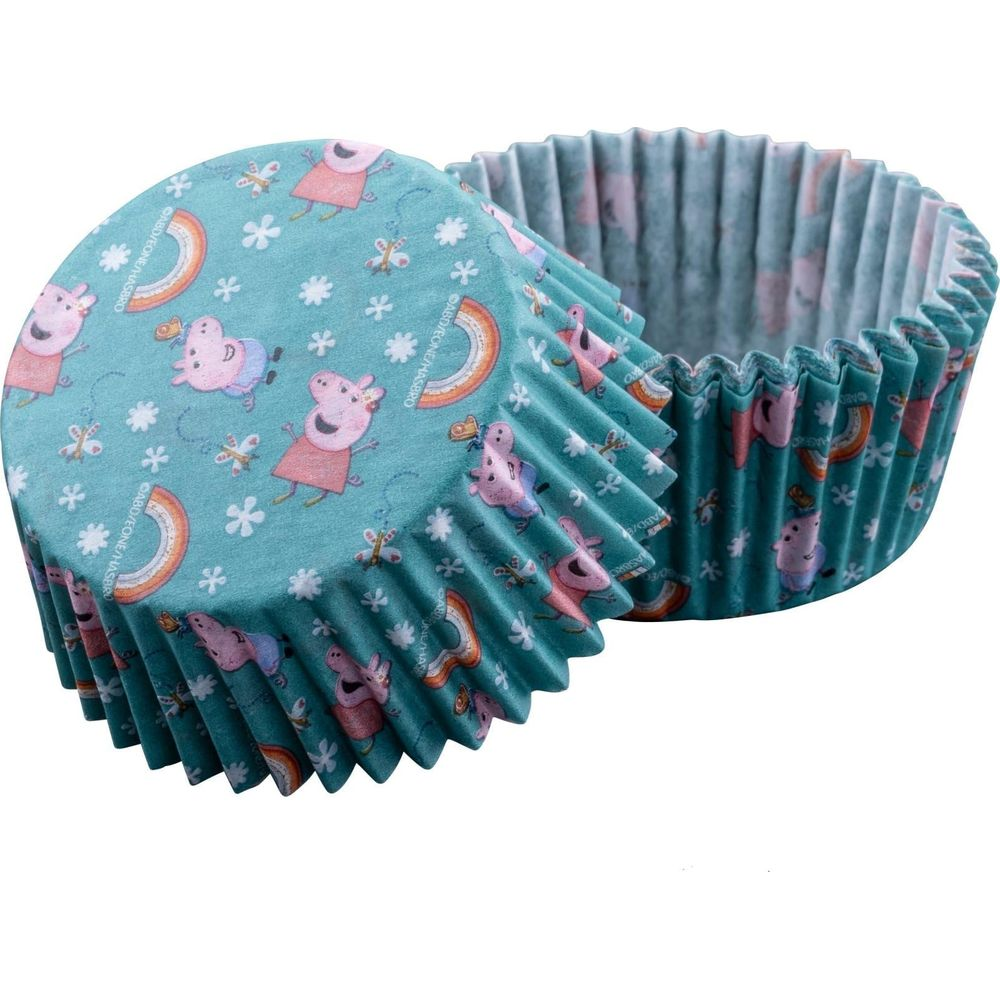 Zwei petrolfarbene Cupcake-Förmchen mit Peppa Wutz und Regenbogen. Eines ist offen, das andere geneigt.