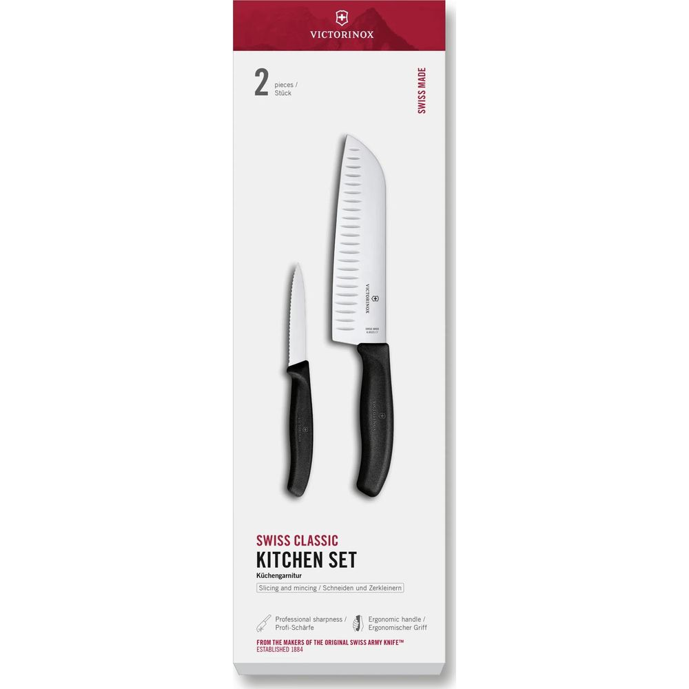 Zwei Victorinox Küchenmesser in Verpackung mit Text: Swiss Classic Kitchen Set.