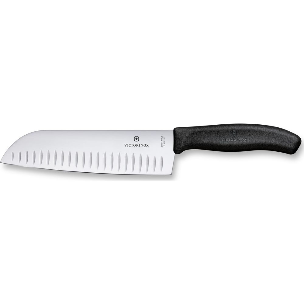 Ein Victorinox Kochmesser mit schwarzem Griff und Kullen-Schliff auf der Klinge.