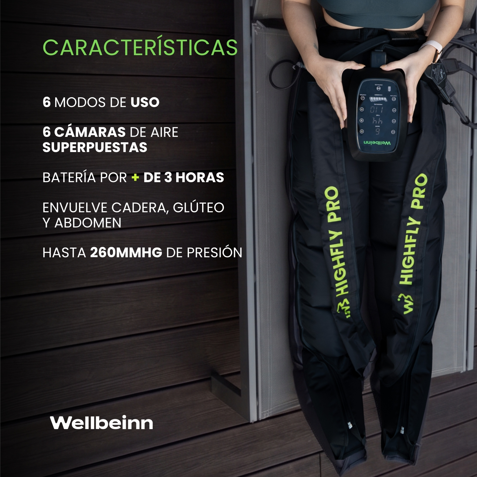 Una mujer usa pantalones negros de compresión con un control en el abdomen.