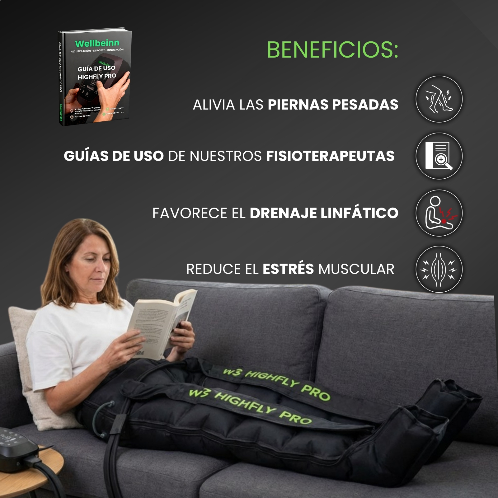 Mujer leyendo en sofá con botas de compresión. Texto resalta beneficios.