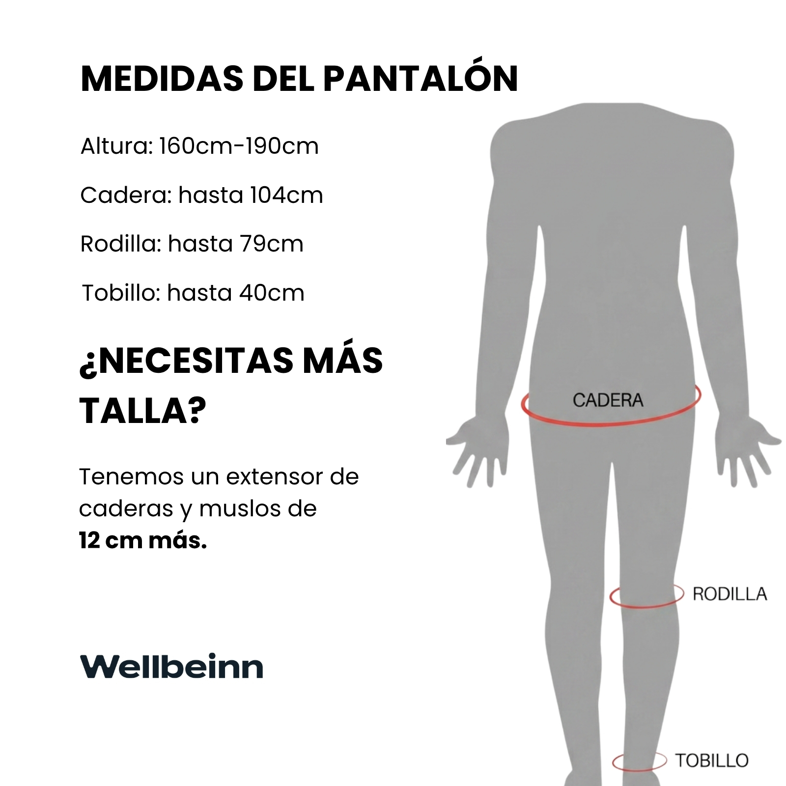 Tabla de medidas de pantalones con altura, cadera, rodilla y tobillo.