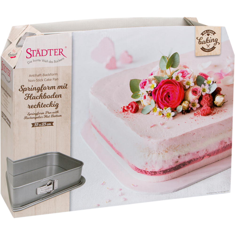 Städter Springform mit Flachboden, rechteckig, 33x23cm, mit Dekorkuchen.