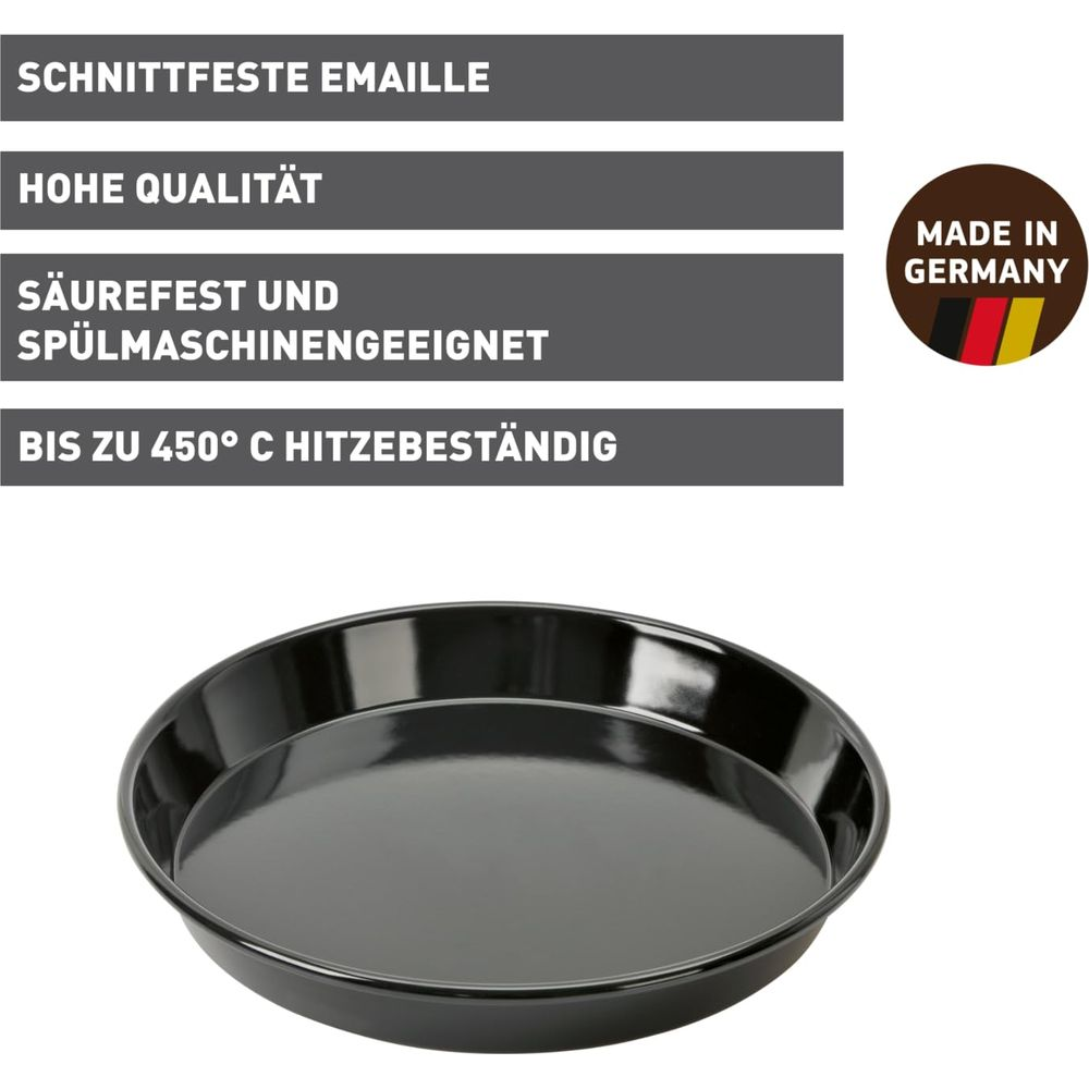 Un moule à tarte noir émaillé avec texte sur la résistance à la chaleur.