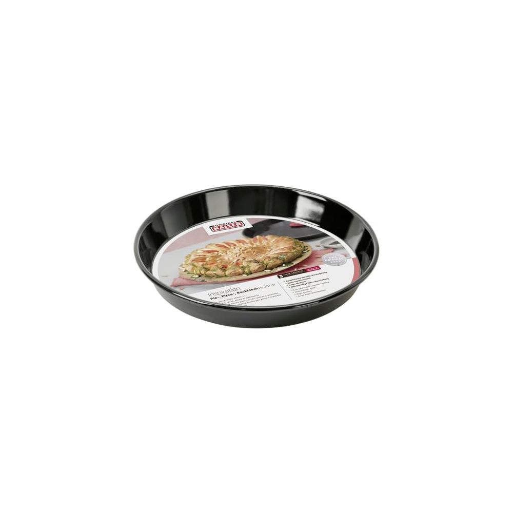 Poêle à pizza ronde noire avec une image d'un plat fini.