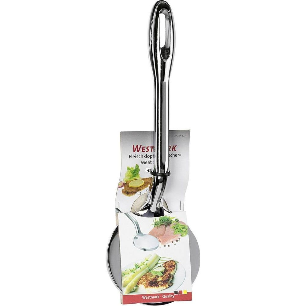 Ein silberner Fleischwender mit Griff und Produktbildern von Fleisch und Fisch.