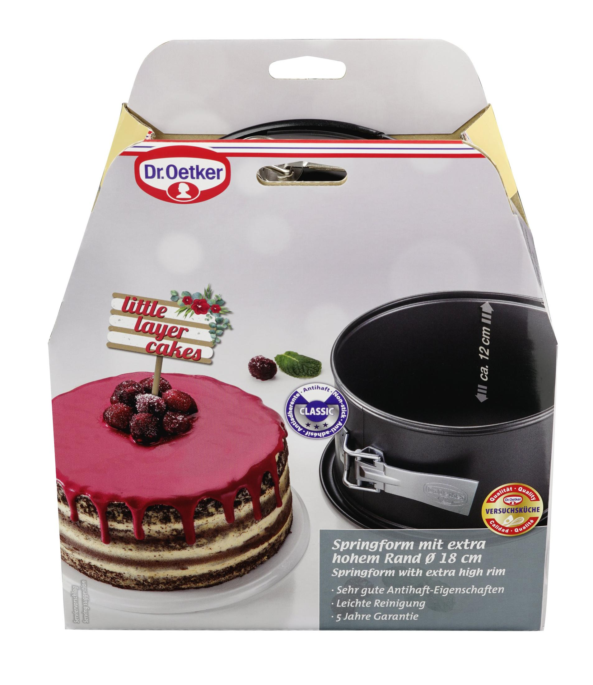 Tortiera Dr. Oetker con bordo alto extra 18 cm, con torta.