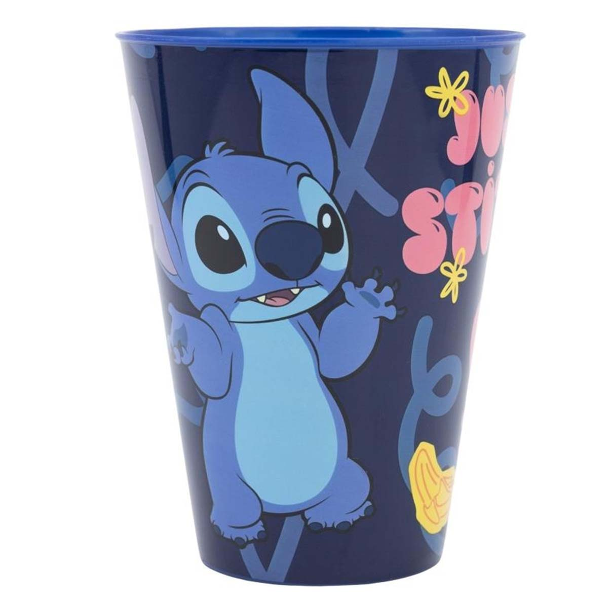 Una tazza blu scuro con il personaggio Disney Stitch che sorride.