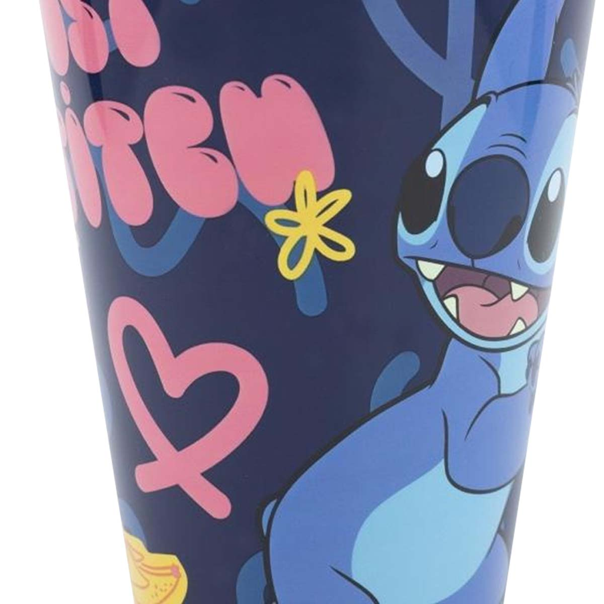 Uno Stitch blu con fiori rosa e cuori su sfondo blu scuro.