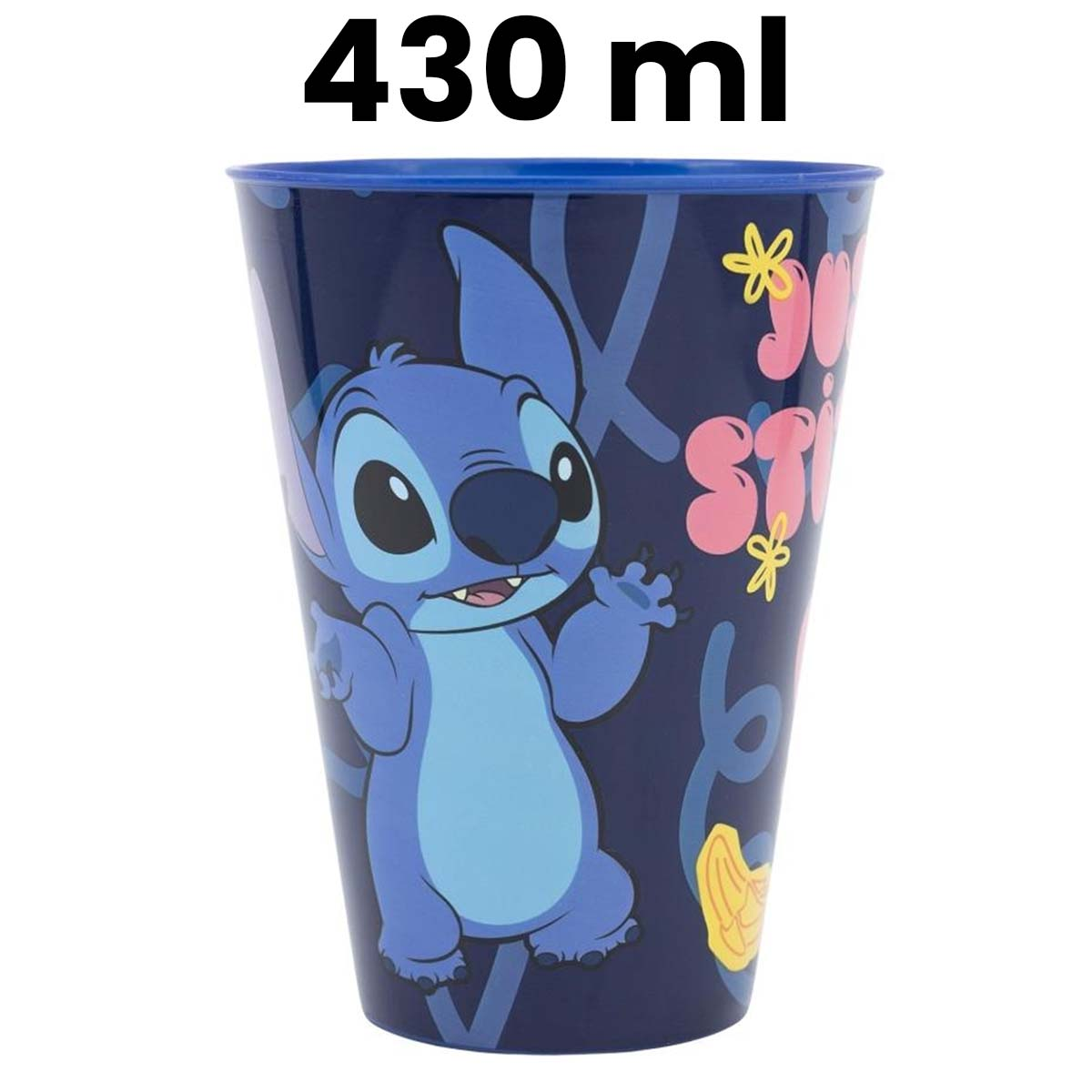 Un bicchiere blu con Stitch di Lilo & Stitch. Testo: 430 ml.