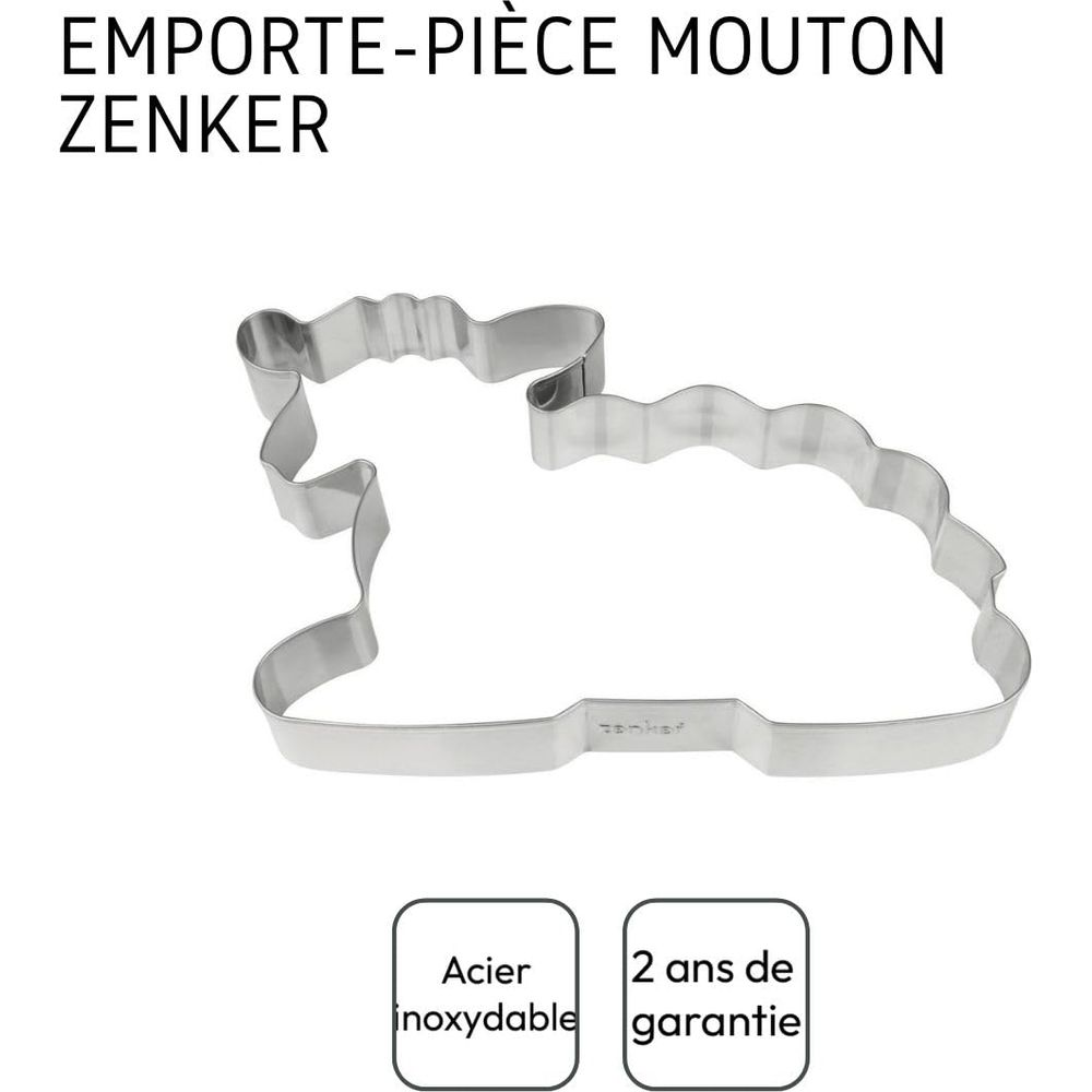 Ein Edelstahl-Ausstecher in Schafform mit Wellenrand und dem Zenker-Logo.