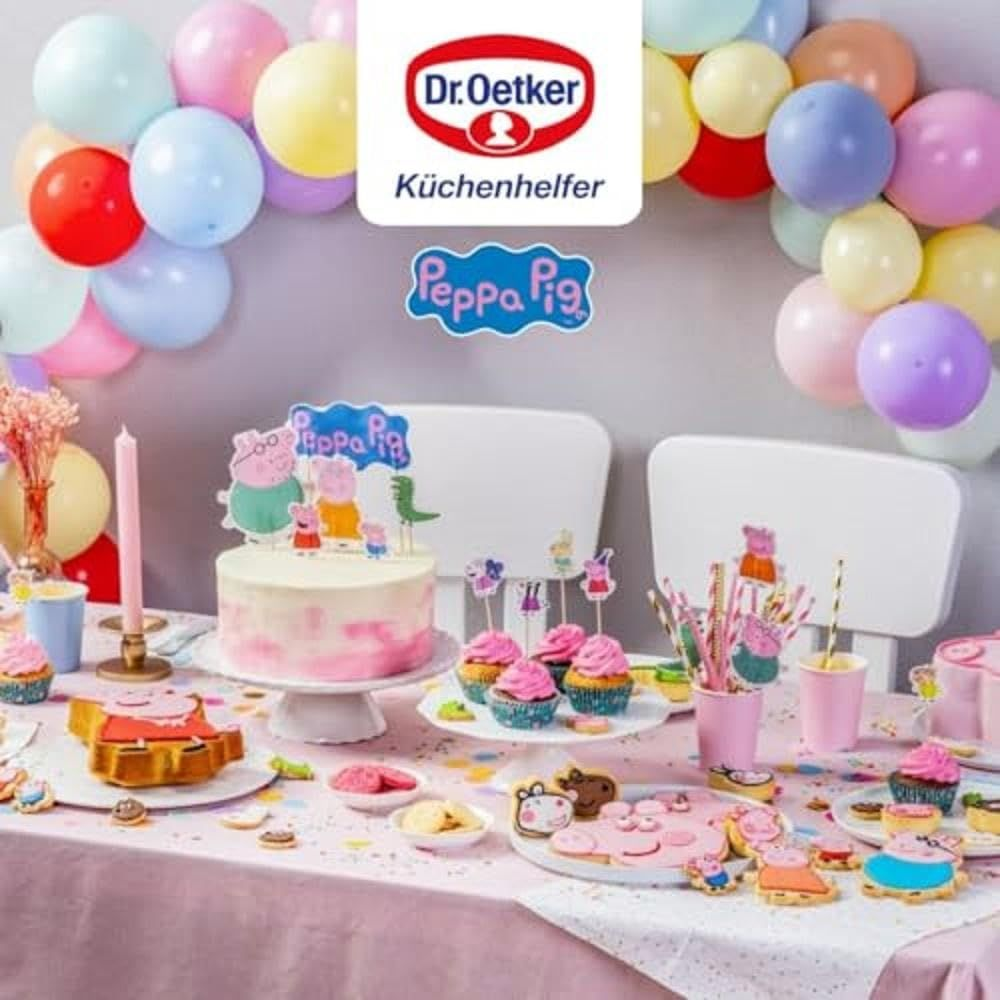 Peppa Pig Party: Kuchen, Muffins, Kekse, Getränke und Ballons.