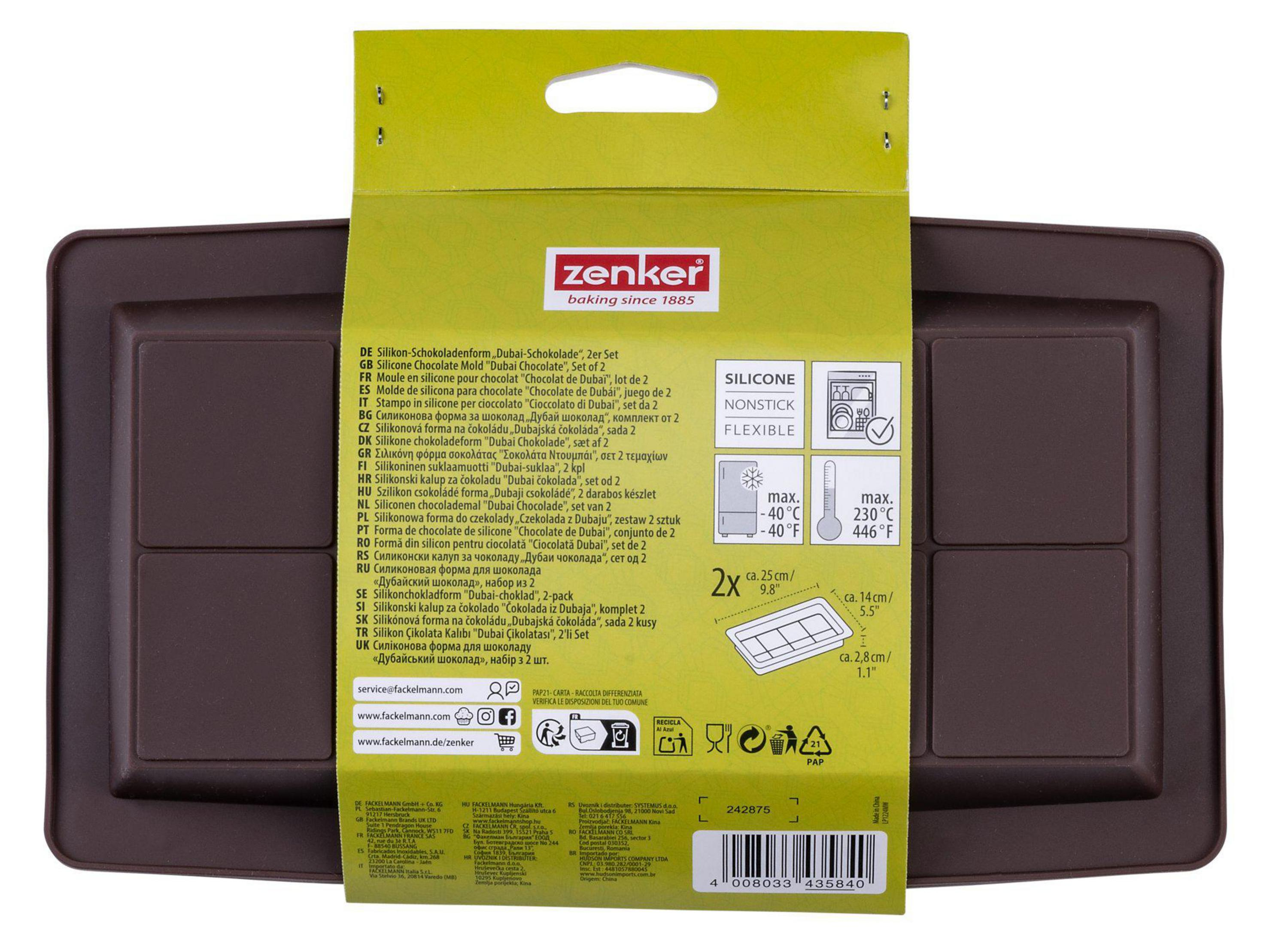 Braune Silikonform für 2 Dubai-Schokoladen, mit Größenangaben.