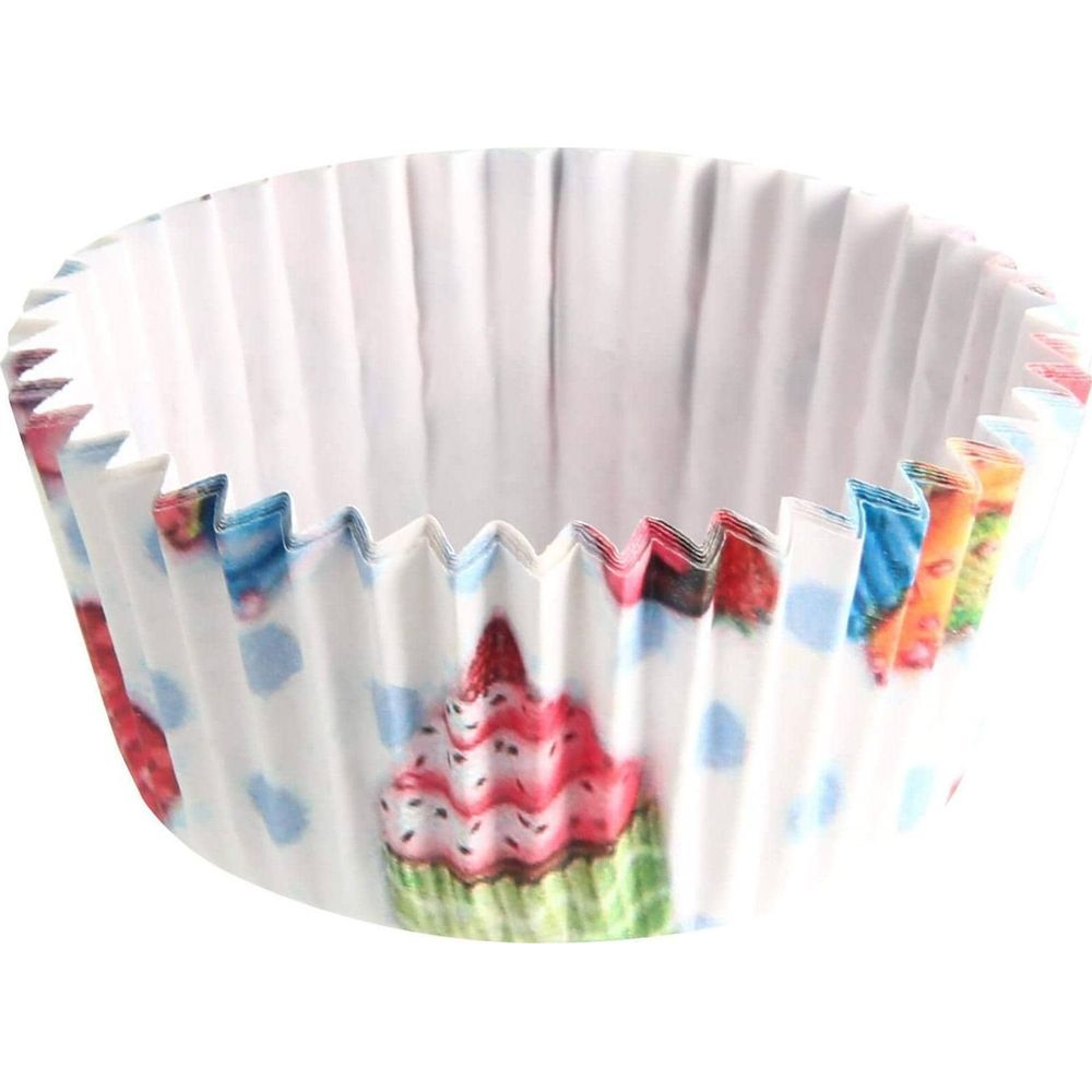 Ein bunter Papier-Muffin-Becher mit Cupcake- und Tupfenmuster.