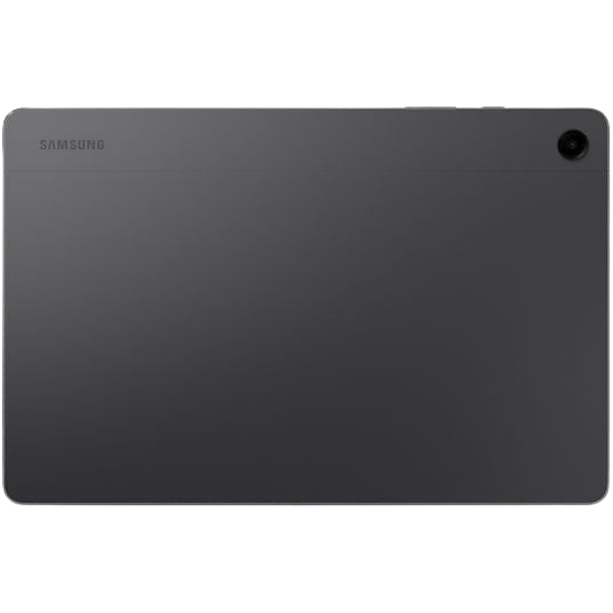 Donkergrijs Samsung tablet van achteren gezien, met cameramodule en logo.