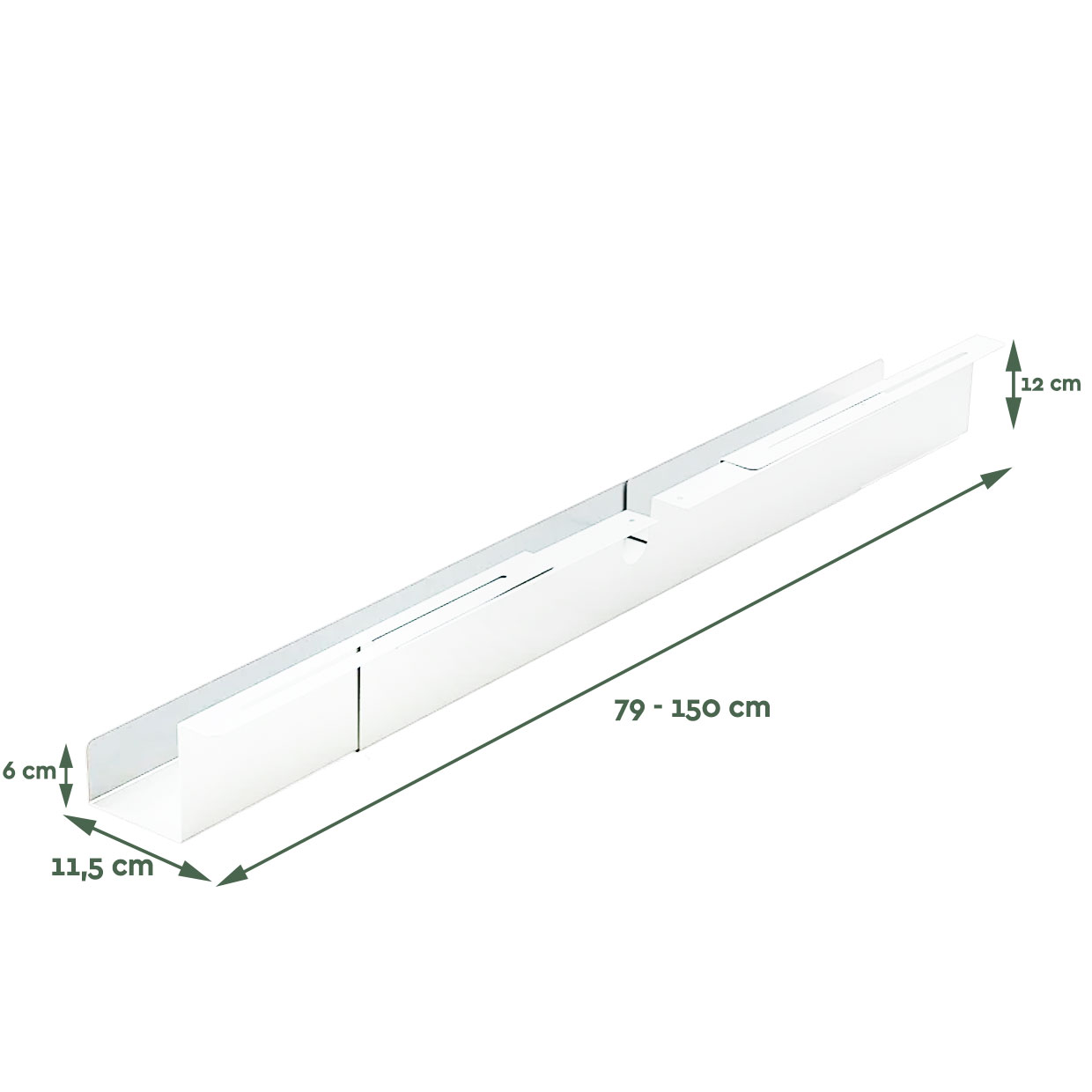 Wit, lang object met afmetingen 11,5 cm, 6 cm en 12 cm.