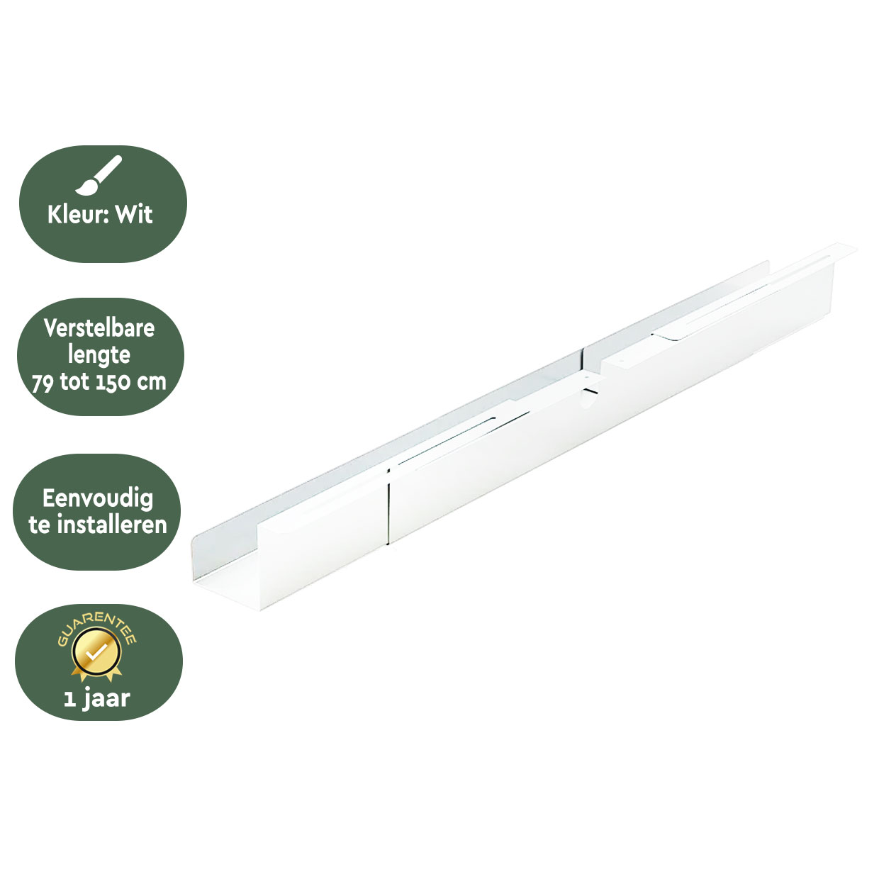 Een wit, verstelbaar product van 79-150 cm, eenvoudig te installeren.