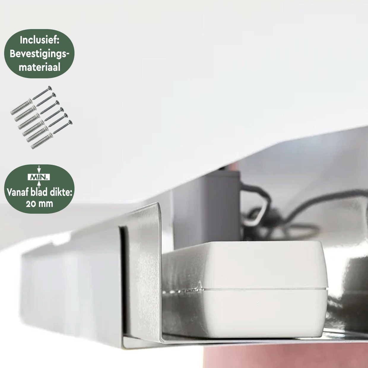 Inclusief schroeven en pluggen. Min. blad dikte: 20 mm.