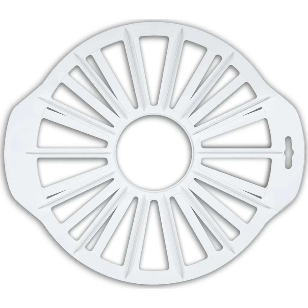 Un objet circulaire en plastique blanc avec des rayons rayonnants et un trou central.