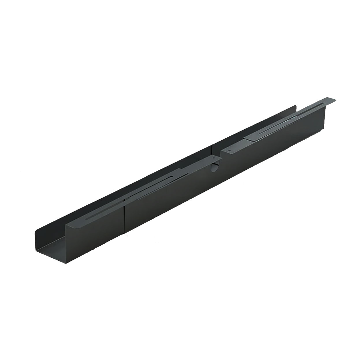 Een lange, donkergrijze metalen dakgoot met een U-vormige goot en interne steun.