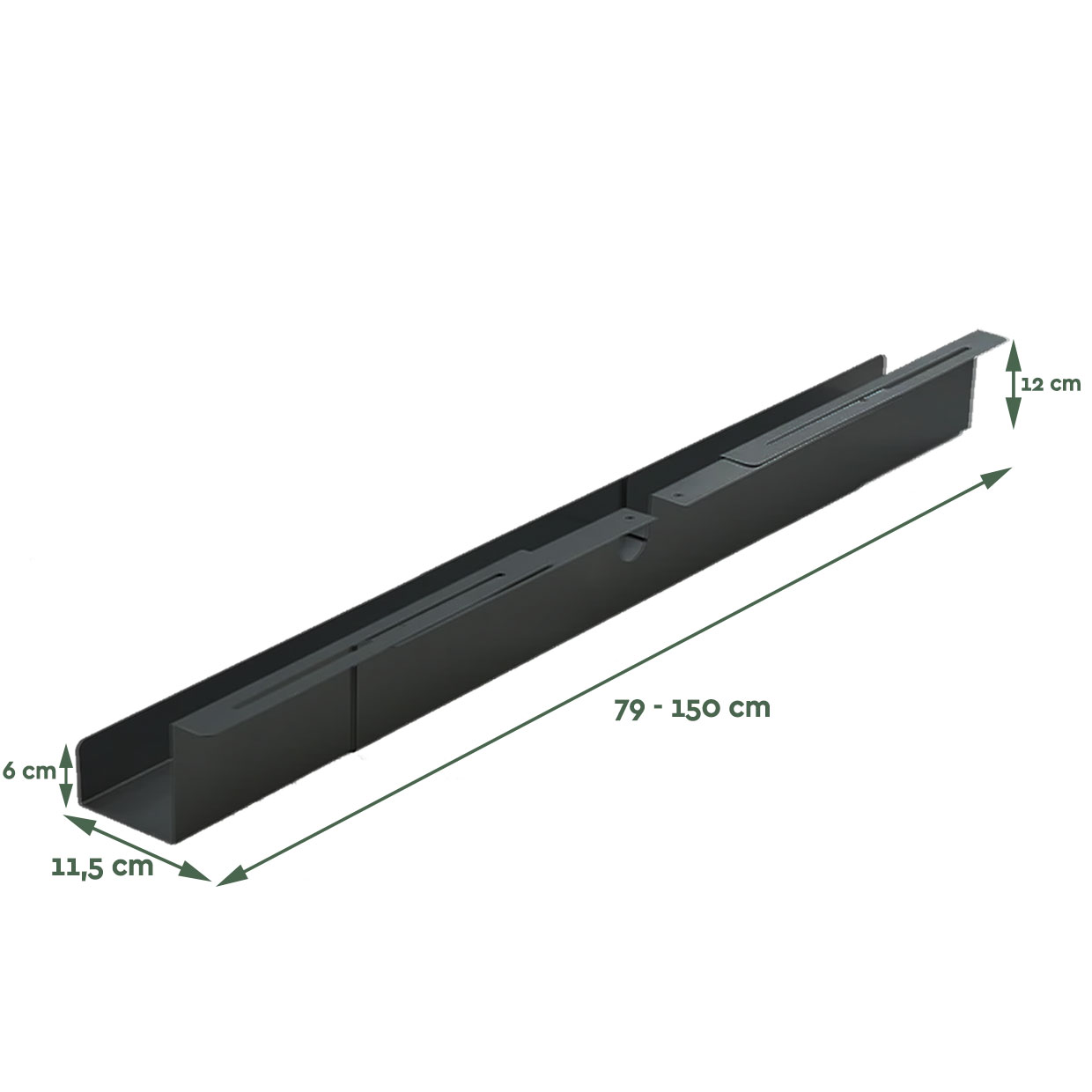 Een grijs metalen profiel, 11,5 cm breed, 6 cm hoog en 79-150 cm lang.