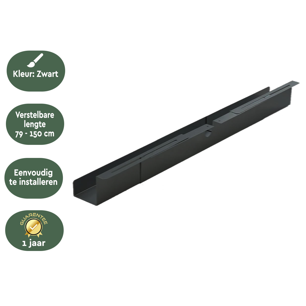 Een zwarte, verstelbare dakgootbeugel van 79-150 cm, makkelijk te installeren.