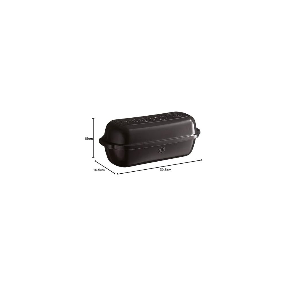 Moule à rôtir noir mesurant 39,5cm de long, 16,5cm de large, 15cm de haut.