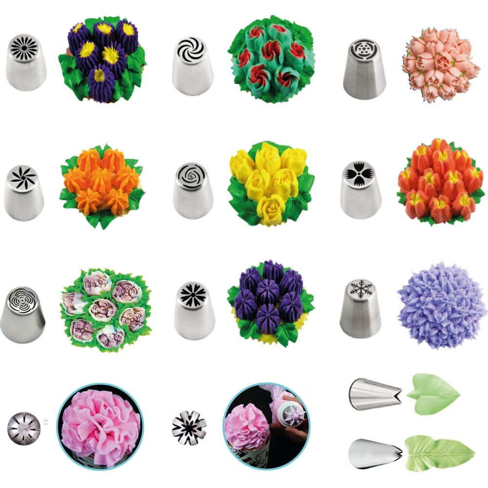 Collection d'embouts de décoration de gâteaux et de fleurs en glaçage.