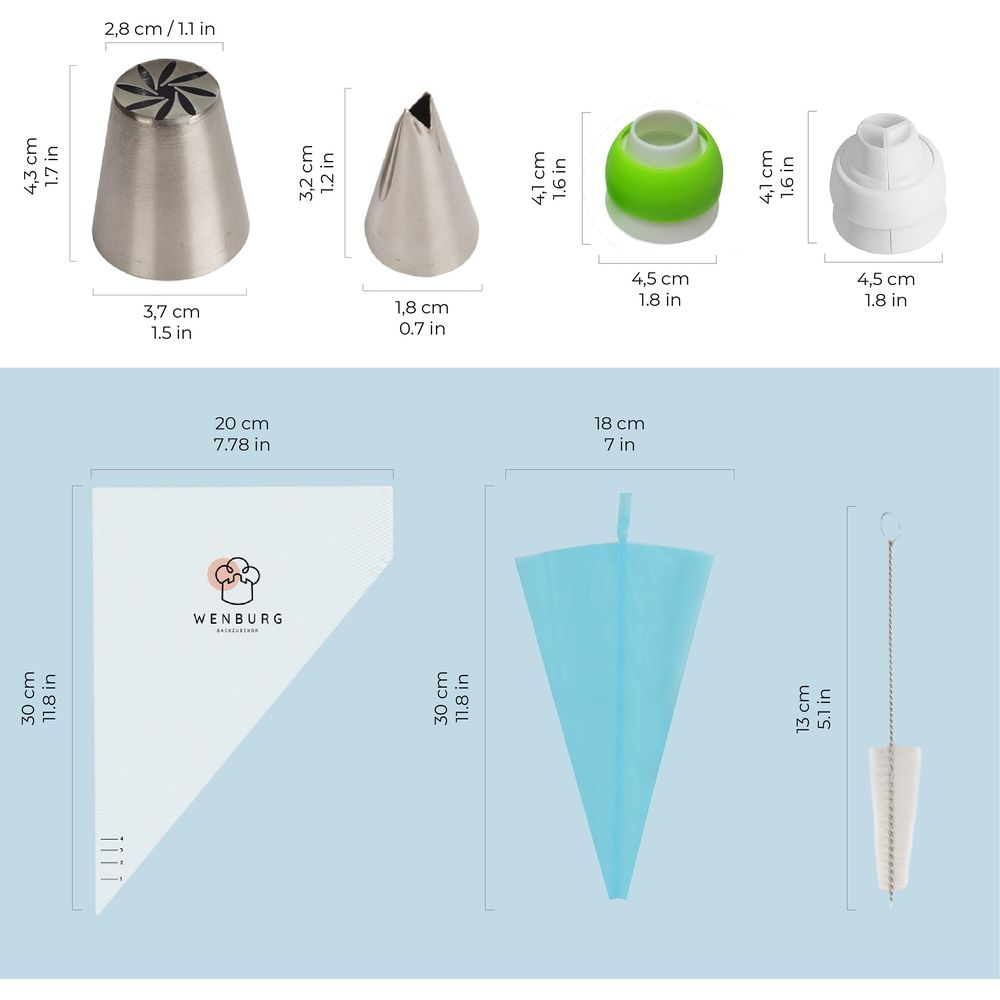 Accessoires de décoration alimentaire : douilles, poches et brosse.