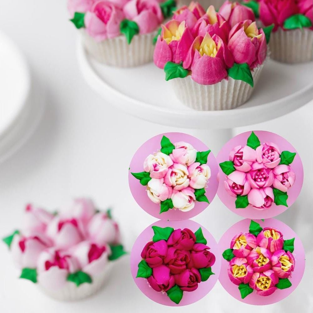Petits gâteaux décorés de fleurs roses et jaunes, et quatre gros plans circulaires de glaçage floral.