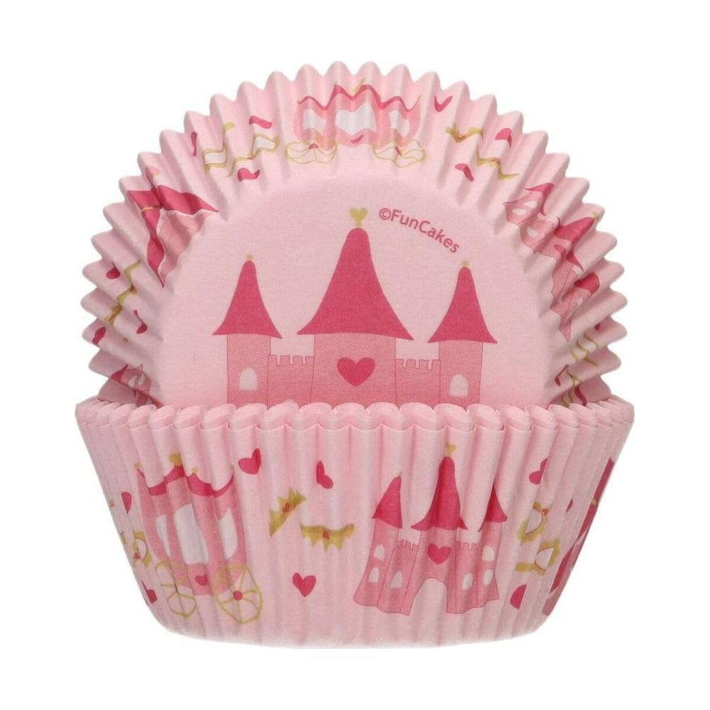 Caissettes à cupcakes roses avec imprimés château et calèche.